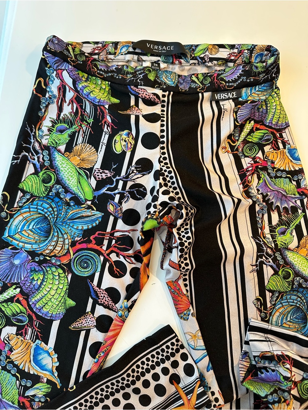 Versace Black White Green Baroque Sea-Print Trousers size 36 -XS / Small